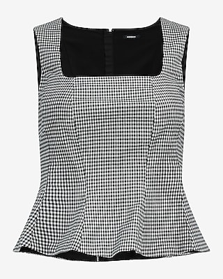 Gingham Stretch Cotton Square Neck Peplum Tailored Tank