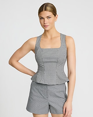 Gingham Stretch Cotton Square Neck Peplum Tailored Tank