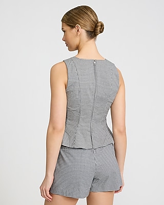 Gingham Stretch Cotton Square Neck Peplum Tailored Tank