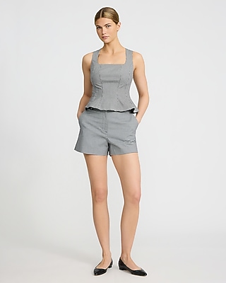 Gingham Stretch Cotton Square Neck Peplum Tailored Tank