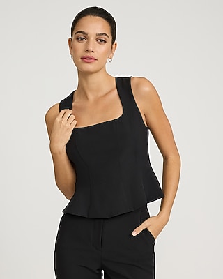 Studio Stretch Twill Square Neck Seamed Peplum Tailored Tank | Express