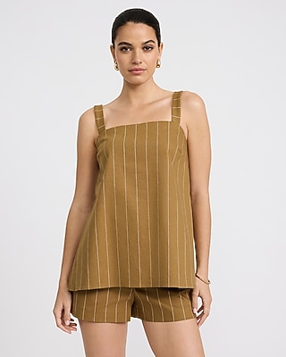 Linen-Blend Striped Square Neck Tailored Tunic Cami