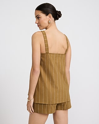 Linen-Blend Striped Square Neck Tailored Tunic Cami