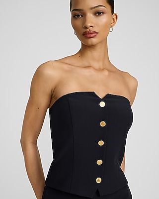 Editor Studio Stretch Twill Strapless Gold Button Front Tailored Tube Top