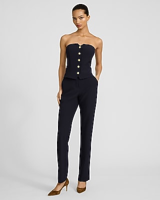 Editor Studio Stretch Twill Strapless Gold Button Front Tailored Tube Top