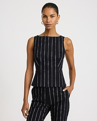 Linen-Blend Striped Boat Neck Tailored Peplum Tank