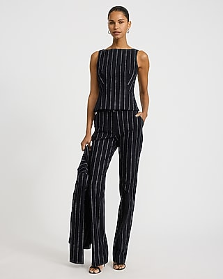 Linen-Blend Striped Boat Neck Tailored Peplum Tank