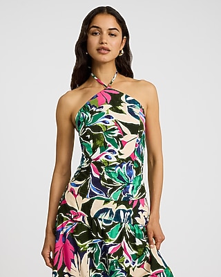 Cotton Poplin Printed Tie Halter Smocked Back Tank - image 2