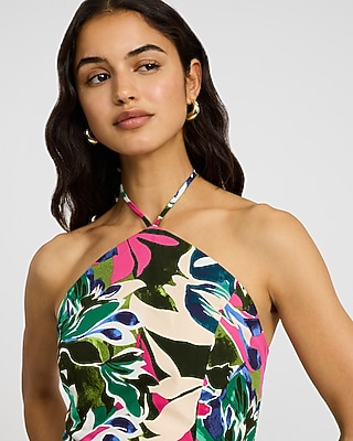 Cotton Poplin Printed Tie Halter Smocked Back Tank - image 3