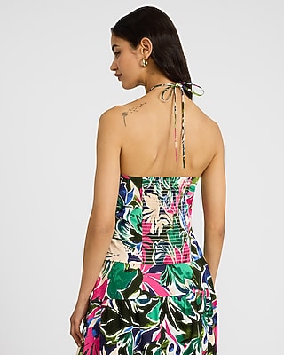 Cotton Poplin Printed Tie Halter Smocked Back Tank - image 4