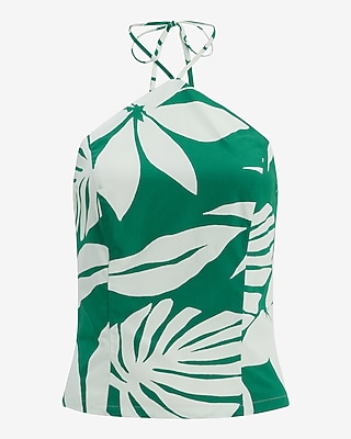 Cotton Poplin Printed Tie Halter Smocked Back Tank