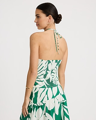 Cotton Poplin Printed Tie Halter Smocked Back Tank
