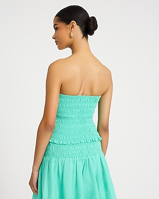 Summer-Blend Linen Strapless Smocked Tube Top