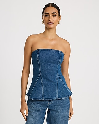 Denim Strapless Seamed Peplum Tube Top