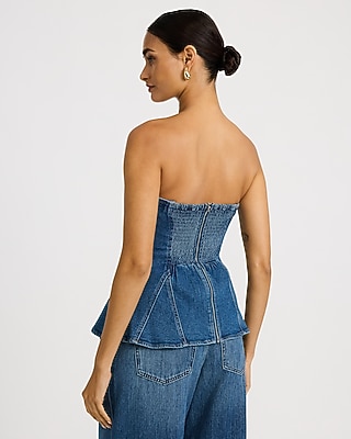 Denim Strapless Seamed Peplum Tube Top