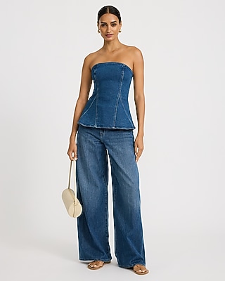 Denim Strapless Seamed Peplum Tube Top