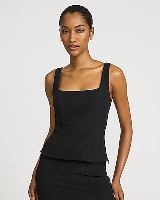 Studio Stretch Twill Square Neck Cap Sleeve Tailored Top | Express