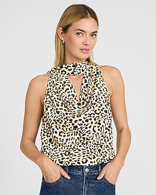 Leopard Cowl Neck Scarf Draped Top