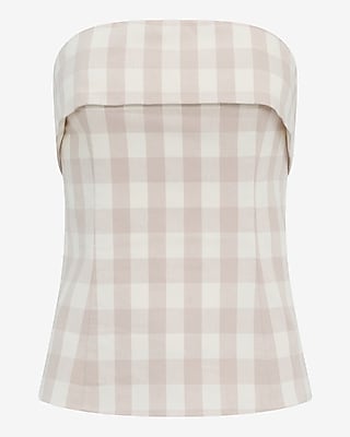 Linen-Blend Gingham Fold Over Strapless Tailored Top