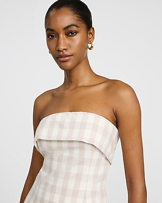 Linen-Blend Gingham Fold Over Strapless Tailored Top