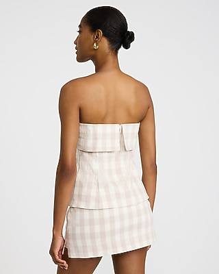 Linen-Blend Gingham Fold Over Strapless Tailored Top