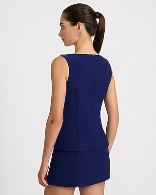 Studio Stretch Twill Boat Neck Gold Button Peplum Tank