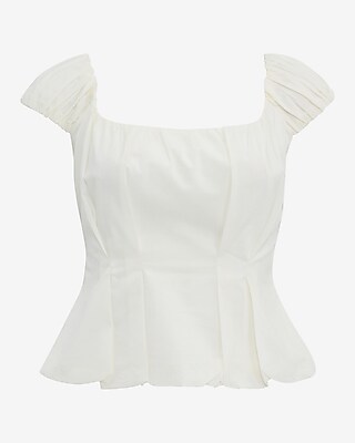 Stretch Cotton Poplin Puff Sleeve Smocked Back Peplum Top