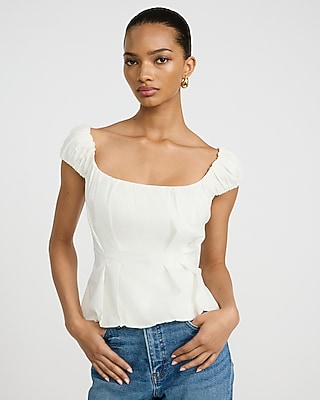 Stretch Cotton Poplin Puff Sleeve Smocked Back Peplum Top
