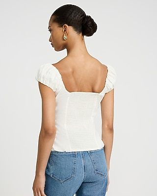 Stretch Cotton Poplin Puff Sleeve Smocked Back Peplum Top