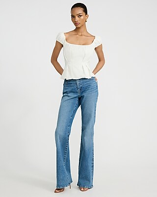 Stretch Cotton Poplin Puff Sleeve Smocked Back Peplum Top