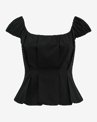 Stretch Cotton Poplin Puff Sleeve Smocked Back Peplum Top - thumbnail 9