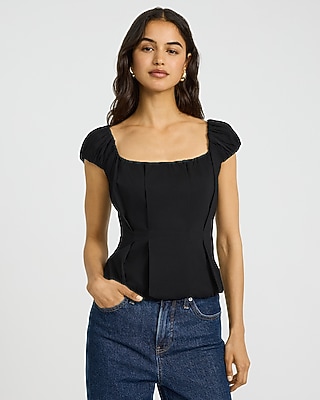 Stretch Cotton Poplin Puff Sleeve Smocked Back Peplum Top - thumbnail 5