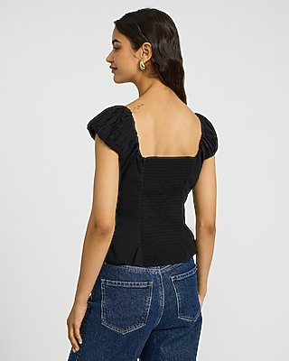 Stretch Cotton Poplin Puff Sleeve Smocked Back Peplum Top - thumbnail 6