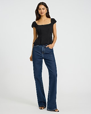 Stretch Cotton Poplin Puff Sleeve Smocked Back Peplum Top - thumbnail 8