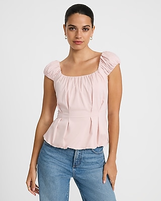 Stretch Cotton Poplin Puff Sleeve Smocked Back Peplum Top - thumbnail 10