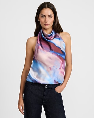 Satin Printed Halter Cowl Neck Tank
