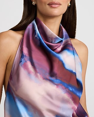 Satin Printed Halter Cowl Neck Tank