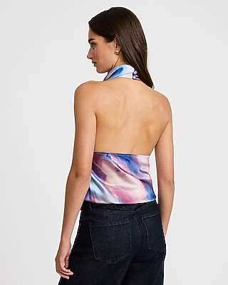 Satin Printed Halter Cowl Neck Tank