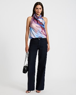 Satin Printed Halter Cowl Neck Tank