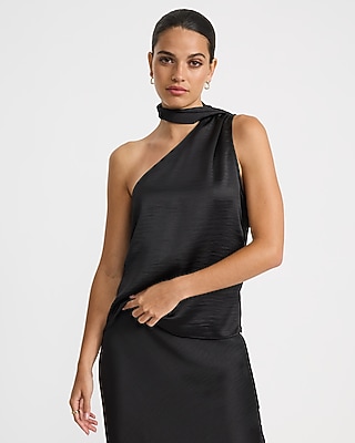 Satin One Shoulder Scarf Draped Top