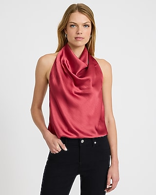 Satin Halter Cowl Neck Open Back Tank
