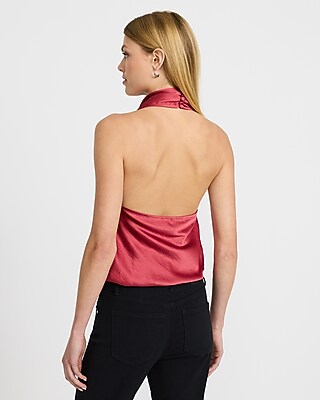Satin Halter Cowl Neck Open Back Tank