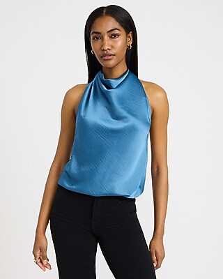 Satin Halter Cowl Neck Open Back Tank