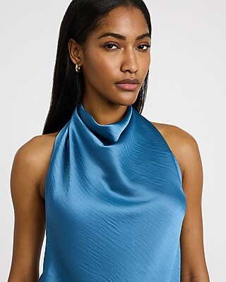 Satin Halter Cowl Neck Open Back Tank