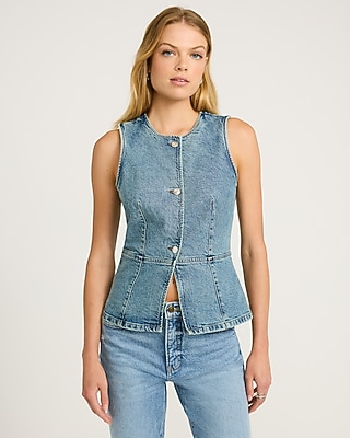 Stretch Denim Crew Neck Peplum Cutaway Blazer Vest