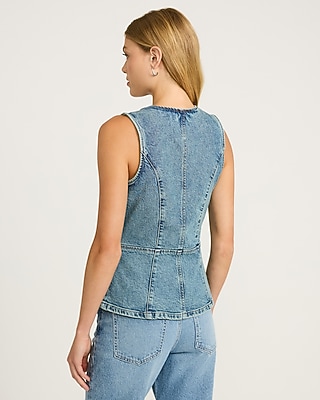 Stretch Denim Crew Neck Peplum Cutaway Blazer Vest