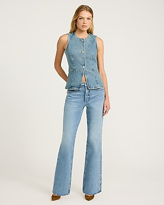 Stretch Denim Crew Neck Peplum Cutaway Blazer Vest
