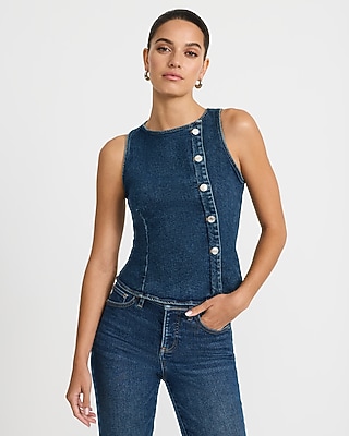 Stretch Denim Crew Neck Button Front Peplum Tank