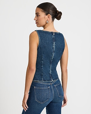 Stretch Denim Crew Neck Button Front Peplum Tank