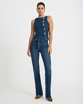 Stretch Denim Crew Neck Button Front Peplum Tank